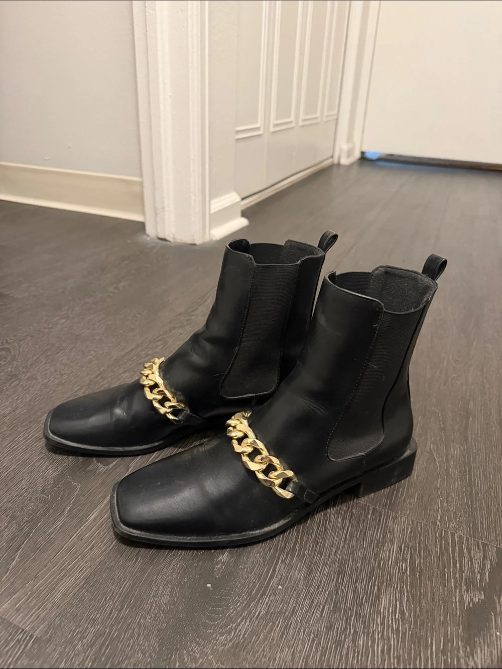 Black Leather Ankle Boots with Gold Chain